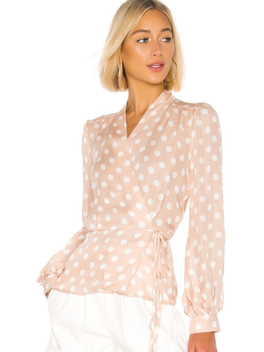 L'AGENCE Cara Polka Dot 100% Pink Silk Wrap Blouse in Petal/Ivory SZ S